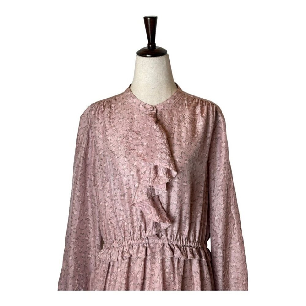 Coach Dress Women 10 Pink Silk Floral Ruffle Front Midi Boho Prairiecore Preppy - Picture 4 of 15